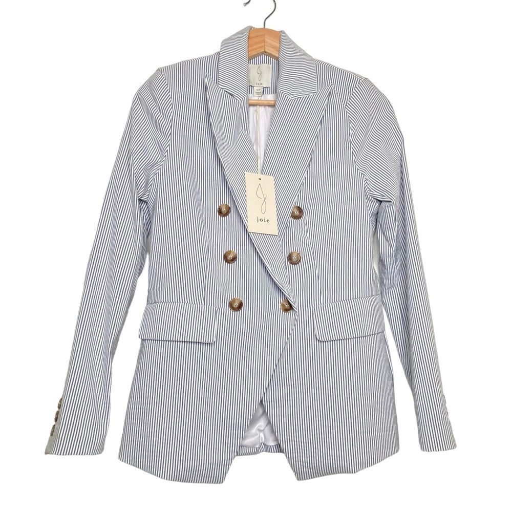 Joie Double Breasted Blue White Striped Cotton Blazer Small NWT Flap Pockets